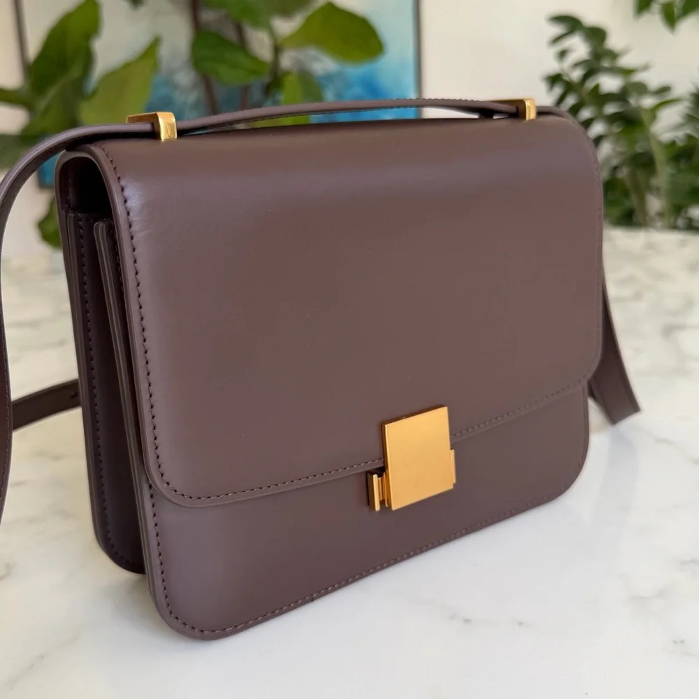 Quince Italian Leather Box Shoulder Bag Crossbody Dark Brown - Picture 2 of 16